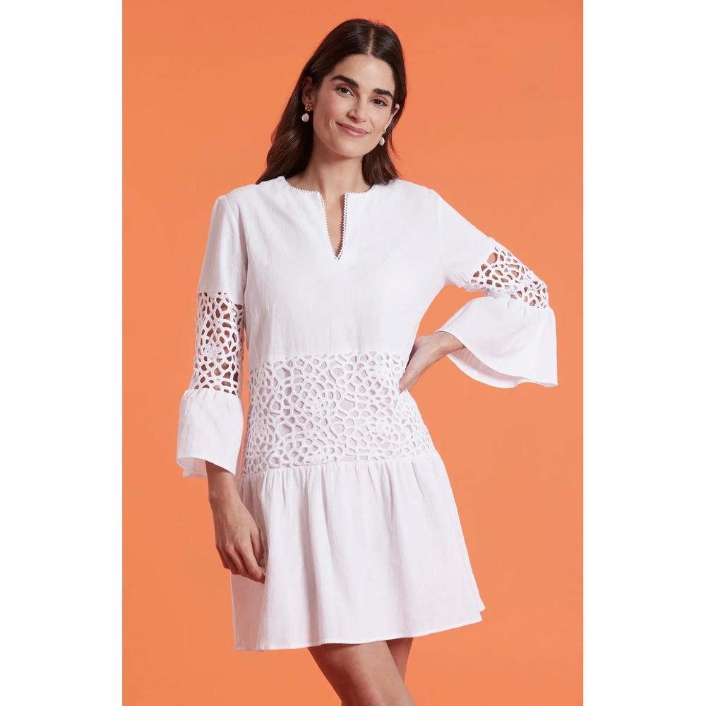 Tyler Boe Izzy Eyelet White Cotton Crochet Lace Bell Sleeve Mini Dress Boho M